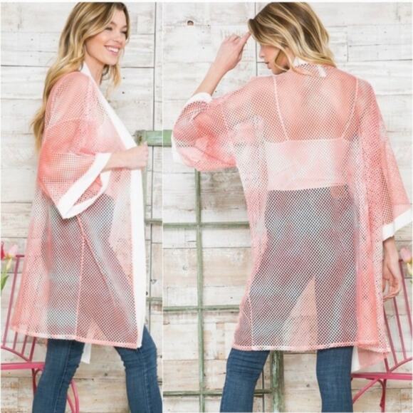 Justin & Taylor Women's Open Weave Mesh Ruana Kimono Swimsuit Coverup Tie Dye - Picture 2 of 6